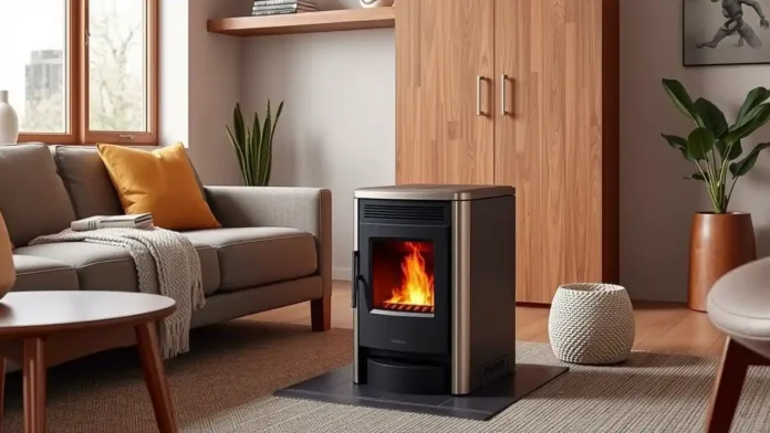 A modern small pellet stove in a cozy living room with a rustic design