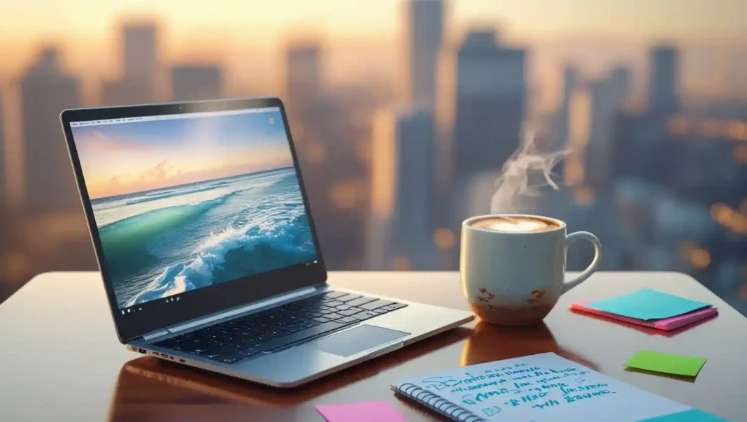 A modern workspace with a laptop, coffee cup, and a notepad featuring the concept of Balancing Work and Play