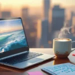 A modern workspace with a laptop, coffee cup, and a notepad featuring the concept of Balancing Work and Play