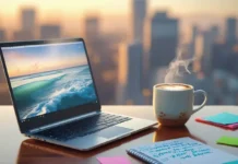 A modern workspace with a laptop, coffee cup, and a notepad featuring the concept of Balancing Work and Play