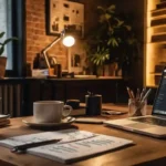 Passive Income: 7 Ways to Earn $1,000+ Monthly A modern workspace with a laptop open to passive income graphs, stacks of cash, and a calendar marked with ‘Financial Freedom.’ Warm lighting, cozy ambiance.