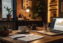 Passive Income: 7 Ways to Earn $1,000+ Monthly A modern workspace with a laptop open to passive income graphs, stacks of cash, and a calendar marked with ‘Financial Freedom.’ Warm lighting, cozy ambiance.