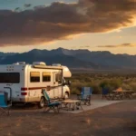 A scenic campsite at sunset featuring Essential RV Accessories