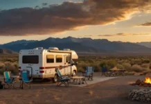 Essential RV Accessories for First-Time Owners A scenic campsite at sunset featuring Essential RV Accessories