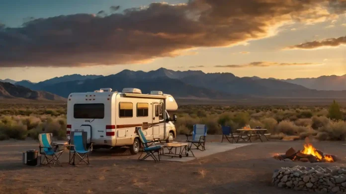A scenic campsite at sunset featuring Essential RV Accessories