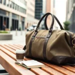 A sleek, high-quality small duffle bag resting on a wooden bench in an urban setting