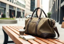 Small Duffle Bags: The Perfect Blend of Style & Function A sleek, high-quality small duffle bag resting on a wooden bench in an urban setting