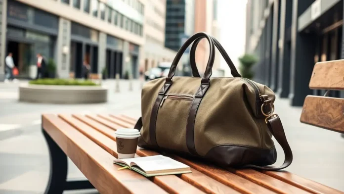 A sleek, high-quality small duffle bag resting on a wooden bench in an urban setting