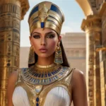 A stunning Cleopatra historical fashion featuring a regal Egyptian queen in a flowing white and gold gown, wearing an ornate beaded headpiece, bold eyeliner, and gold statement jewelry.
