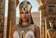 A stunning Cleopatra historical fashion featuring a regal Egyptian queen in a flowing white and gold gown, wearing an ornate beaded headpiece, bold eyeliner, and gold statement jewelry.