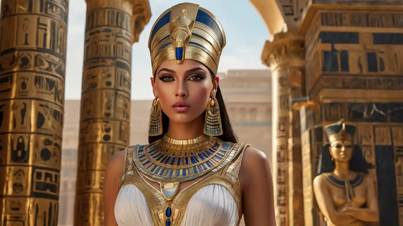 A stunning Cleopatra historical fashion featuring a regal Egyptian queen in a flowing white and gold gown, wearing an ornate beaded headpiece, bold eyeliner, and gold statement jewelry.