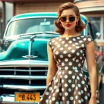 1950s Fashion Inspiration: Timeless Trends & How to Wear A stylish 1950s fashion inspiration, wearing a polka dot swing dress, cat-eye sunglasses, and red lipstick, posing confidently against a vintage car or diner backdrop.