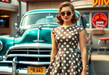 A stylish 1950s fashion inspiration, wearing a polka dot swing dress, cat-eye sunglasses, and red lipstick, posing confidently against a vintage car or diner backdrop.