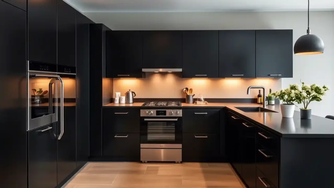 A stylish Black Kitchen Ideas with matte black cabinets