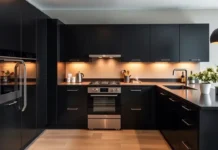 A stylish Black Kitchen Ideas with matte black cabinets