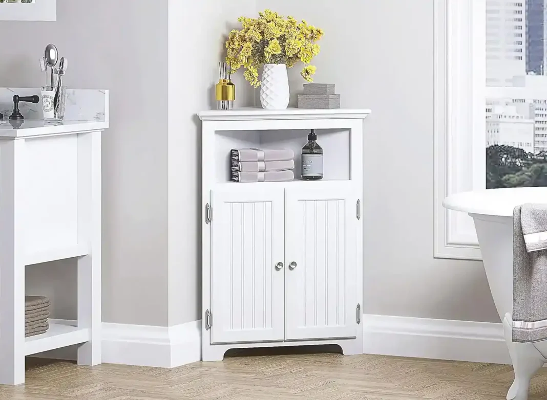 A stylish corner cabinet in a modern living room.