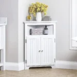 A stylish corner cabinet in a modern living room.