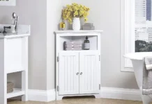 A stylish corner cabinet in a modern living room.