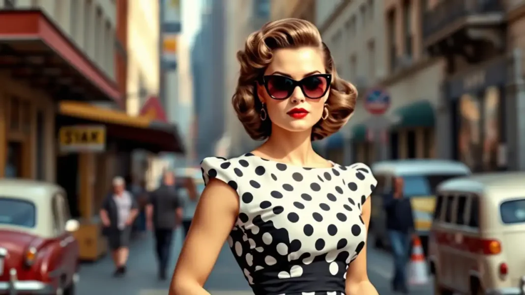 A stylish woman in a 1950s-inspired outfit, wearing a polka dot dress with a cinched waist, red lipstick, cat-eye sunglasses, and vintage curls, posing confidently on a city street.