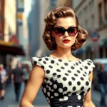 Styling Tips for 1950s-Inspired Outfits & Retro Fashion A stylish woman in a 1950s-inspired outfit, wearing a polka dot dress with a cinched waist, red lipstick, cat-eye sunglasses, and vintage curls, posing confidently on a city street.