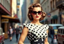 A stylish woman in a 1950s-inspired outfit, wearing a polka dot dress with a cinched waist, red lipstick, cat-eye sunglasses, and vintage curls, posing confidently on a city street.