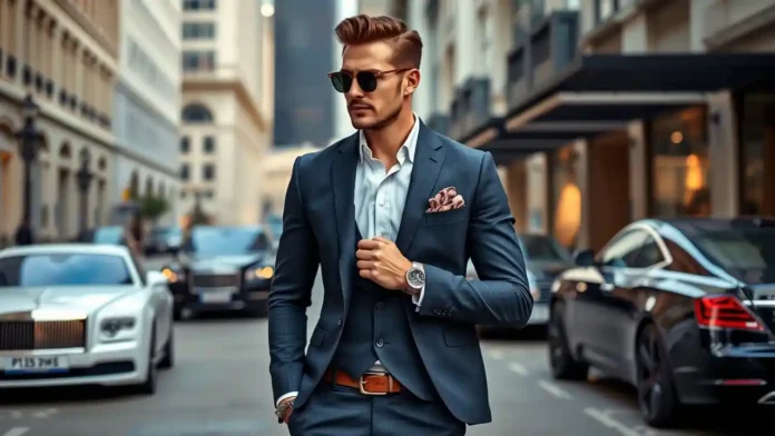 A well-dressed man in a tailored suit featuring Accessories for Rich Man Look
