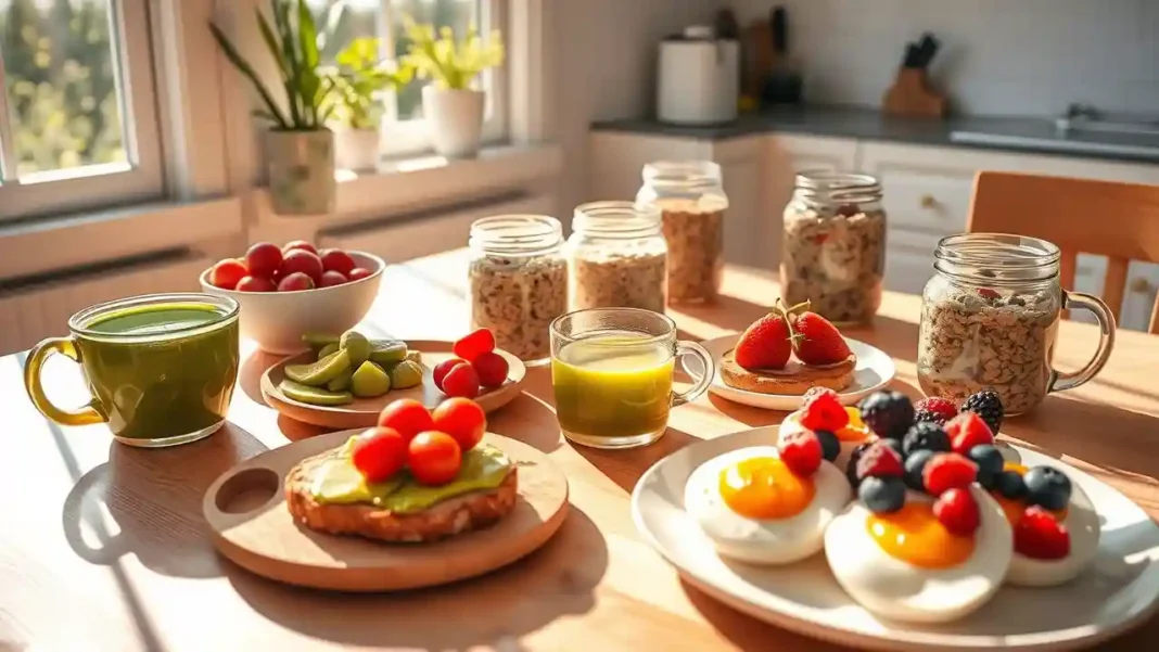 A bright and cozy morning kitchen scene with a variety of quick nutritious breakfast foods