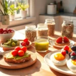A bright and cozy morning kitchen scene with a variety of quick nutritious breakfast foods