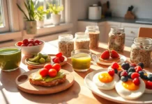 A bright and cozy morning kitchen scene with a variety of quick nutritious breakfast foods