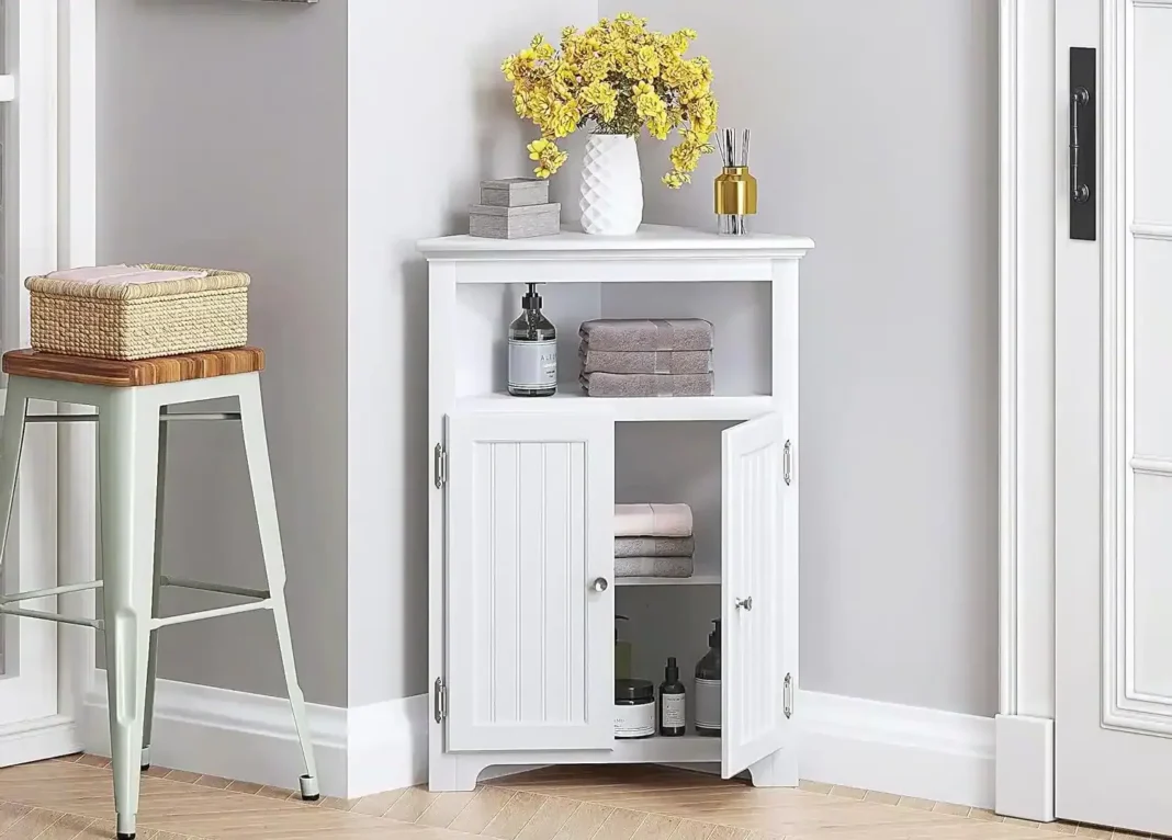 A bright, organized living space featuring a modern corner storage cabinet A bright, organized living space featuring a modern corner storage cabinet