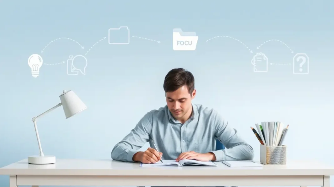 A calm, focused adult working at a desk with brainwave graphics and icons representing cognitive function