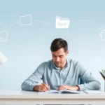 A calm, focused adult working at a desk with brainwave graphics and icons representing cognitive function