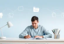 A calm, focused adult working at a desk with brainwave graphics and icons representing cognitive function