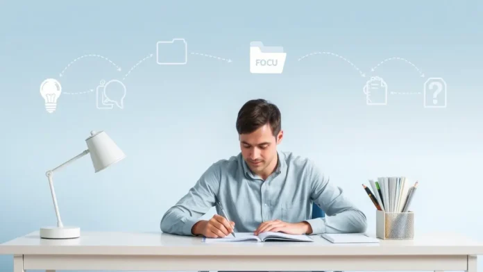 A calm, focused adult working at a desk with brainwave graphics and icons representing cognitive function