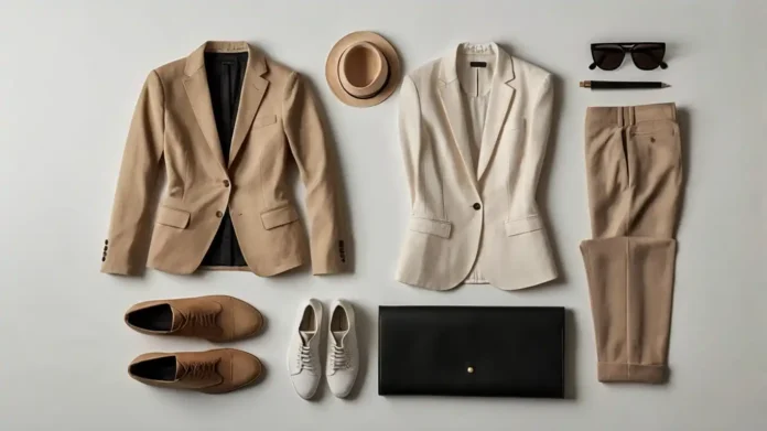 A clean, modern flat lay of neutral-toned Minimalist Fashion pieces