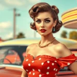 A confident woman wearing 1950s-style pin up fashion with victory rolls hairstyle
