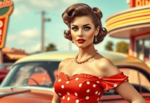 A confident woman wearing 1950s-style pin up fashion with victory rolls hairstyle
