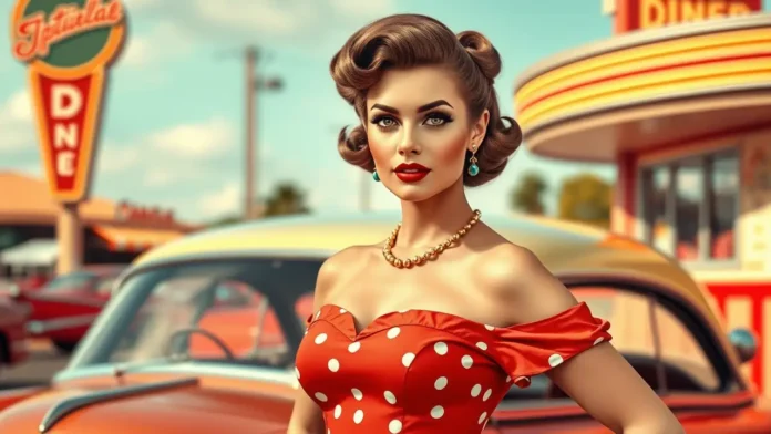 A confident woman wearing 1950s-style pin up fashion with victory rolls hairstyle