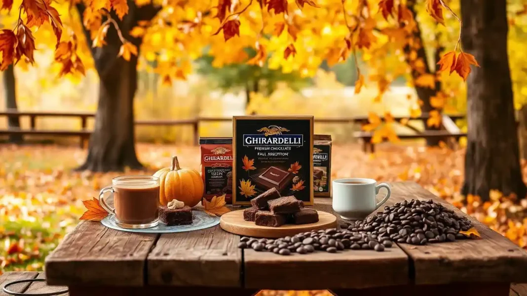 A cozy autumn setting with a Ghirardelli premium chocolate fall assortment, brownies, hot cocoa, and chocolate chips arranged on a rustic wooden table.