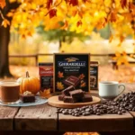 Ghirardelli Premium Chocolate: Best Treats & Mixes A cozy autumn setting with a Ghirardelli premium chocolate fall assortment, brownies, hot cocoa, and chocolate chips arranged on a rustic wooden table.