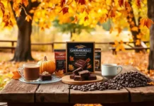 A cozy autumn setting with a Ghirardelli premium chocolate fall assortment, brownies, hot cocoa, and chocolate chips arranged on a rustic wooden table.