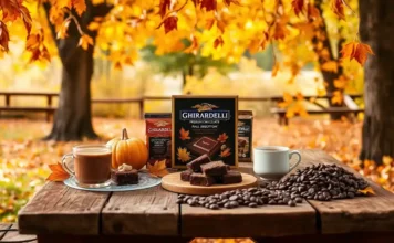 Ghirardelli Premium Chocolate: Best Treats & Mixes A cozy autumn setting with a Ghirardelli premium chocolate fall assortment, brownies, hot cocoa, and chocolate chips arranged on a rustic wooden table.