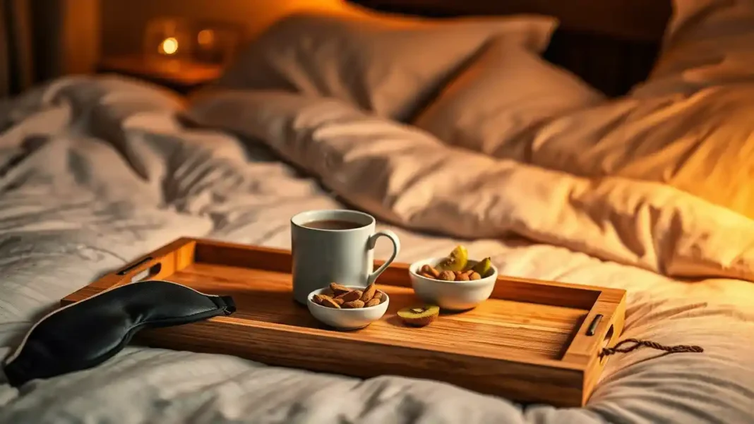 A cozy bedroom at night with a tray on the bed featuring a cup of chamomile tea, a small bowl of almonds and kiwi slices to improve sleep quality