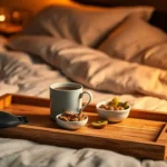 A cozy bedroom at night with a tray on the bed featuring a cup of chamomile tea, a small bowl of almonds and kiwi slices to improve sleep quality