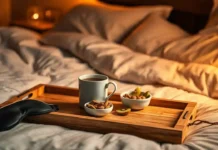 A cozy bedroom at night with a tray on the bed featuring a cup of chamomile tea, a small bowl of almonds and kiwi slices to improve sleep quality
