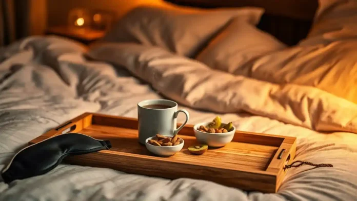 A cozy bedroom at night with a tray on the bed featuring a cup of chamomile tea, a small bowl of almonds and kiwi slices to improve sleep quality