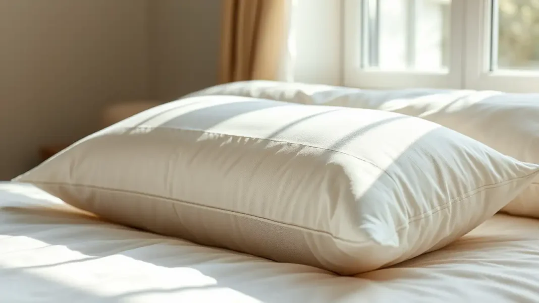 A cozy bedroom setting with a neatly made bed featuring a natural latex pillow in an organic cotton cover