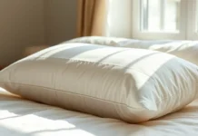 A cozy bedroom setting with a neatly made bed featuring a natural latex pillow in an organic cotton cover