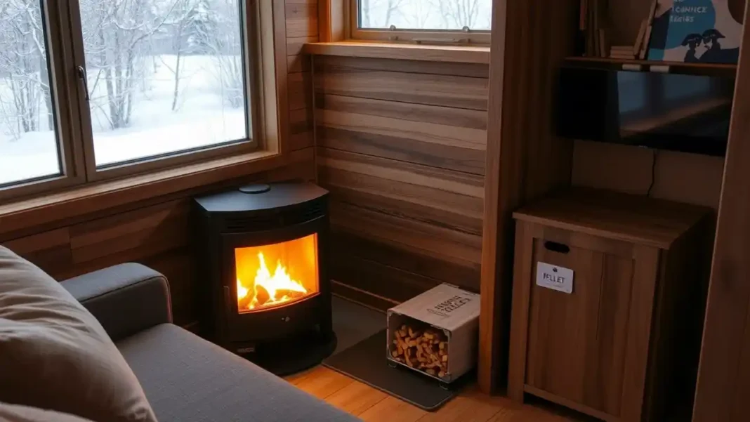 A cozy, modern small living space with a sleek, Small Wood Pellet Stoves glowing warmly in the corner.