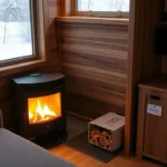 Small Wood Pellet Stove for Efficient Tiny Home Heating A cozy, modern small living space with a sleek, Small Wood Pellet Stoves glowing warmly in the corner.